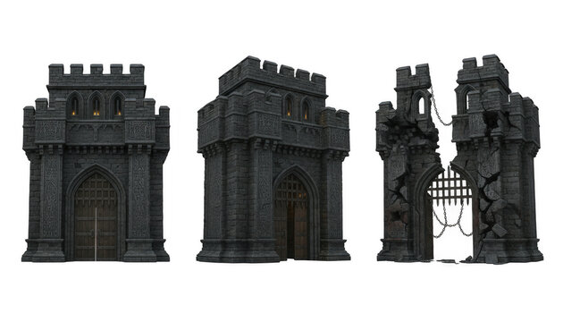 Set of Ancient Stone Castle Gates and Fortifications
