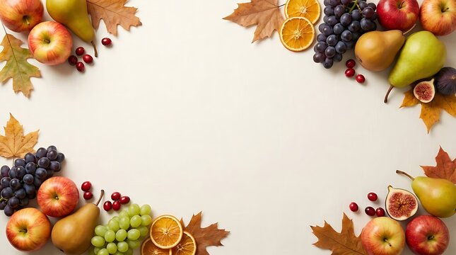 Autumn harvest of colorful fruits and fallen leaves arranged in a decorative frame