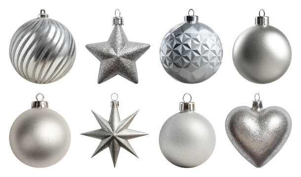 PNG Elegant silver Christmas ornaments collection, element set on transparent background