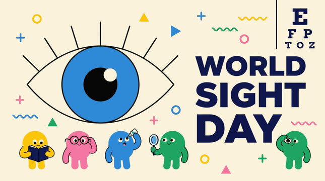A colorful vector illustration of an eye with small characters celebrating world sight day with cartoon characters performing related activities light
