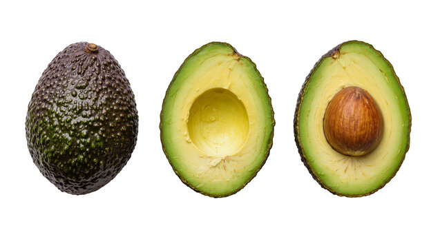 Whole dark green avocado and two halves one with seed, isolated on transparent background