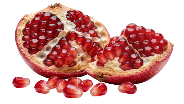 Ripe red pomegranate cut in half with arils and seeds scattered, isolated on transparent background