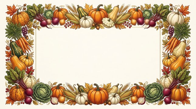 Decorative thanksgiving border frame featuring pumpkins gourds and autumn harvest vegetables on a white background