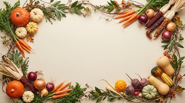 Fresh autumn harvest arrangement with root vegetables and greenery on white background