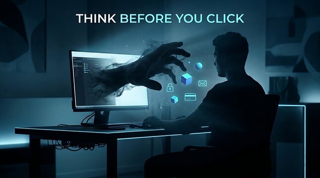 Silhouette of man at computer desk being grabbed by dark smoke hand from screen representing phishing and online security awareness