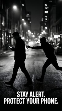 Man walking at night looking at smartphone while shadow figure attempts to snatch device representing street crime and personal safety awareness photography in urban setting