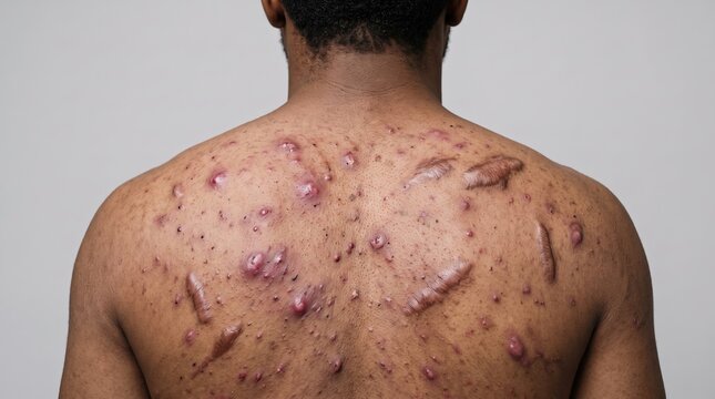 Severe Cystic Acne and Keloid Scarring on Back of Man