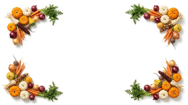 Fresh fruit and vegetables arranged in a decorative frame on a white background