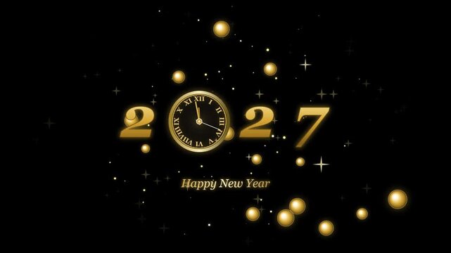 Golden 2027 happy new year greeting card design with a luxury clock and glowing lights on a black background 4k Motion Video