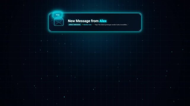 Neon DM Notification: A digital animation of a glowing neon blue direct message pop-up notification appearing against a dark background.