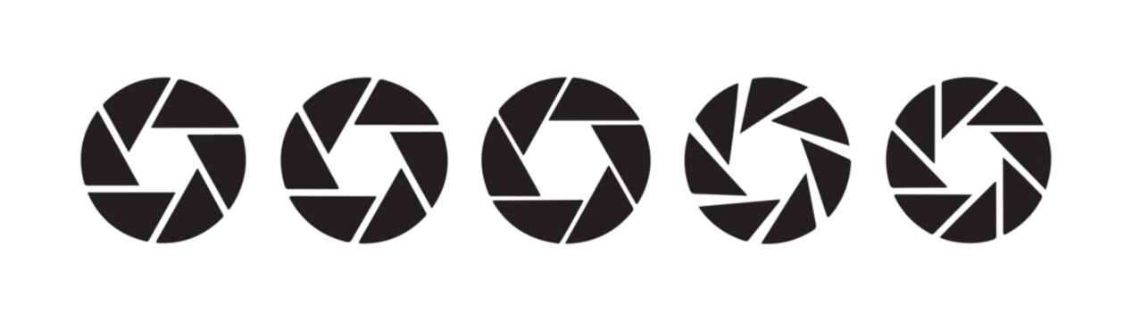 Camera shutter aperture black icons set vector illustration design for photography and optical elements.