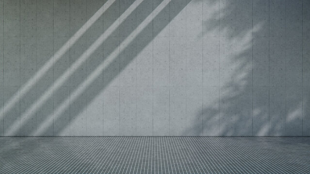 Blank Studded Concrete Plate Wall and Tiled Floor in Direct Sunlight Outdoor Space Location with Tree Shadows. Product Presentation Concept with copy-space.