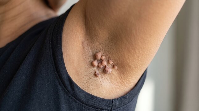Multiple Skin Tags Acrochordons Cluster under Human Armpit