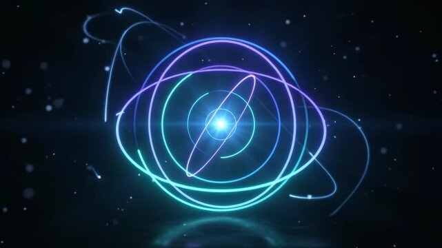 Abstract glowing atom structure with orbiting light rings and particles on a dark background, representing science, technology, and quantum physics concepts