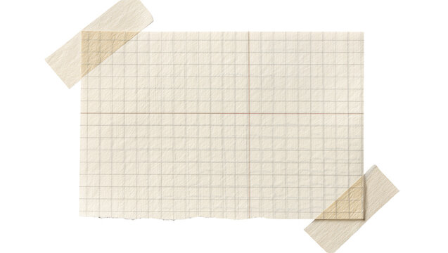 Torn graph paper with grid lines taped with beige adhesive strips, isolated on transparent background