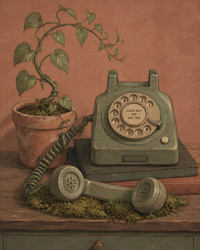 Vintage rotary telephone placed next to a small potted plant featuring artistic details on transparent background