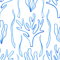 Seamless pattern with corals and seaweeds blue line art. Mediterranean underwater reef watercolor illustration. © Lena