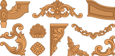 Classical wood carving architectural elements vector illustration set with acanthus leaves corbel and scroll molding © Manchura