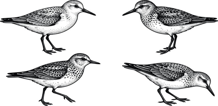 Vintage sandpiper shorebird hand drawn engraving vector illustration set isolated on white background
