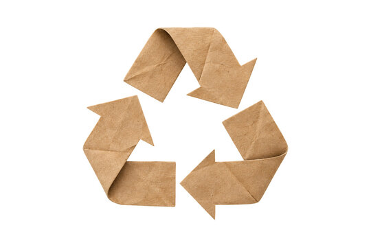Kraft paper recycling symbol made from three folded arrows forming a continuous triangular loop, isolated on a clean white background. Natural brown paper texture and visible fibers convey 