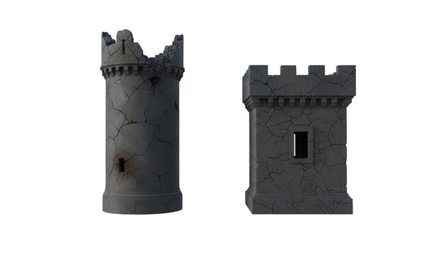 Set of Weathered Dark Stone Medieval Castle Towers