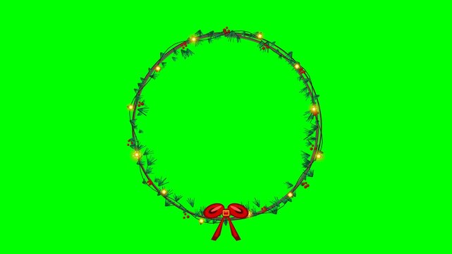 A beautiful 16-bit pixel art animation of an organic Christmas wreath assembling itself into a festive portal frame. Features growing pine branches, popping ornaments, and sequentially illuminated war