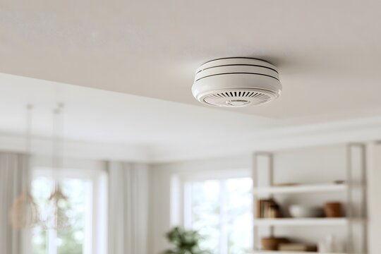 Rauchmelder an der Decke in heller Wohnung als Konzept f&uuml;r Brandschutz und Sicherheit