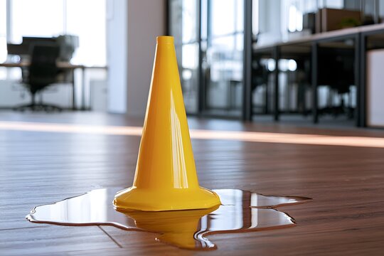 Gelber Warnkegel in Wasserpf&uuml;tze als Symbol f&uuml;r Rutschgefahr und Unfallpr&auml;vention am Arbeitsplatz