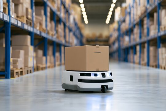 Autonomer Lagerroboter transportiert Paket in modernem Warenlager