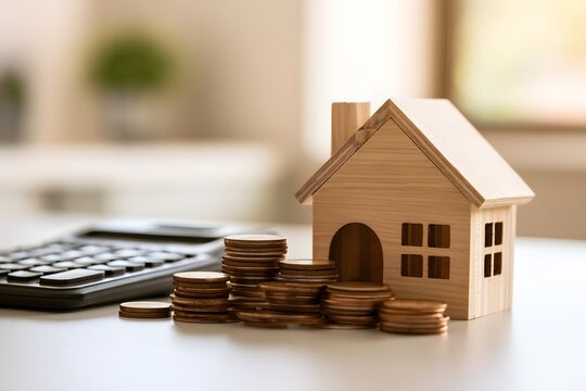 Hausmodell mit M&uuml;nzen und Taschenrechner als Konzept f&uuml;r Immobilienfinanzierung und Hauskauf