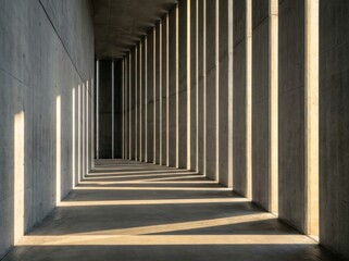 Obraz premium Rhythmic daylight and shadow patterns casting through concrete architectural colonnade corridor