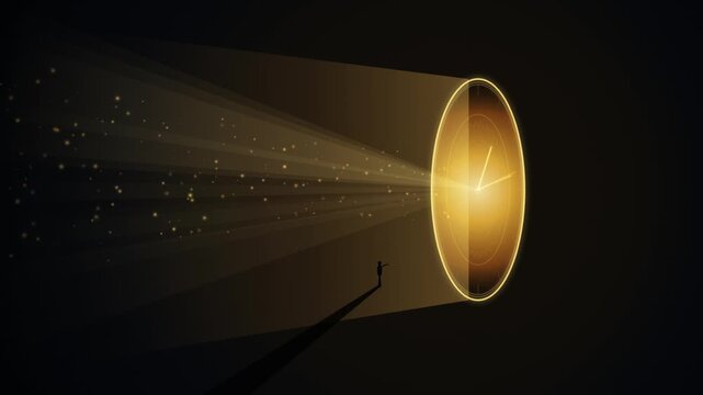 Small person standing in front of a giant glowing golden clock face in the dark representing time passing and future opportunities 4k Motion Video