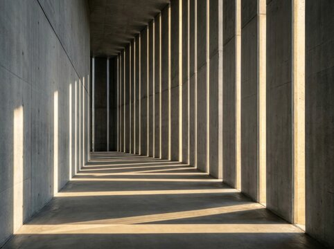 Rhythmic daylight and shadow patterns casting through concrete architectural colonnade corridor
