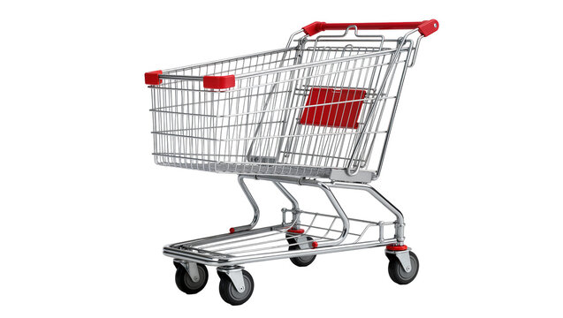 Shiny metal shopping cart with red accents, isolated on transparent background