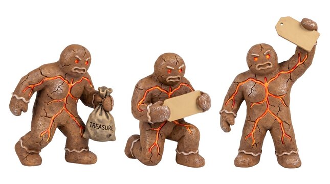 Three angry lava gingerbread man characters with treasure and blank signs on a white background for game assets, holiday marketing, and graphic design projects.