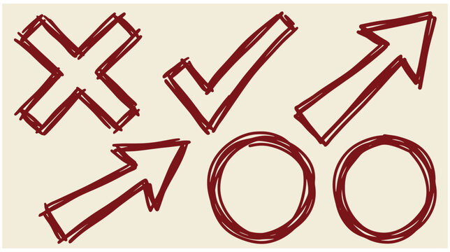 Red hand-drawn sketch set of arrows checkmarks crosses circles symbols with check mark red arrow icon set graphic design vector illustration art element UI element web element