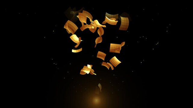 Many golden paper sheets flying in a swirling tornado motion against a dark black background with glowing light particles in the air creating a magical digital effect 4k Motion Video