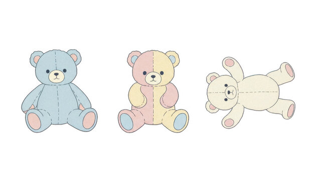 Three Cute Pastel Colored Teddy Bears in Cartoon Style