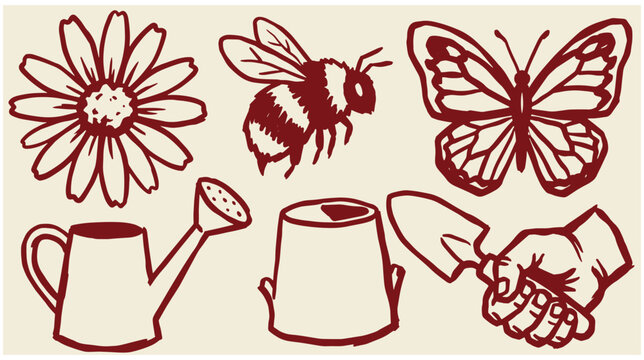 Set of hand drawn garden tools flower butterfly and bee sketch illustration elements with sketch vector watering can bumble bee gardening set shovel icon plant pot butterfly watering