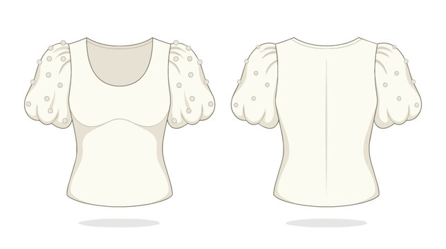 Women's Cream Puff Sleeve Blouse Technical Flat Sketch Fashion Design Template Front and Back Views for Apparel