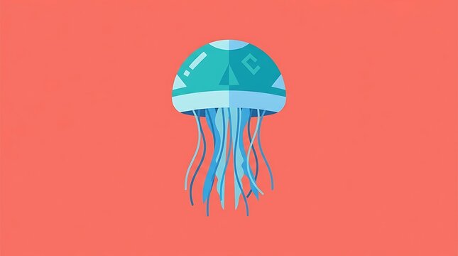 Flat vector illustration of a blue jellyfish on a coral background