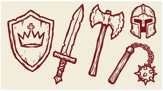 Medieval weapons and battle gear hand drawn vector sketches featuring shield sword battle axe mace medieval illustration collection handdrawn monochrome historic military adventure