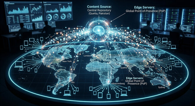 World Map with Content Source and Edge Server Network Diagram - Global Digital Content Delivery Technology