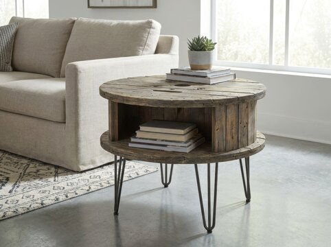 old materials transformed into useful household objects Modern living room with a beige sofa and rustic wooden round coffee table.