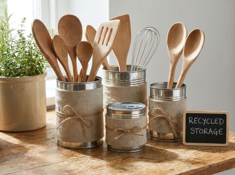 old materials transformed into useful household objects Wooden kitchen utensils stored in decorated recycled tin cans on table