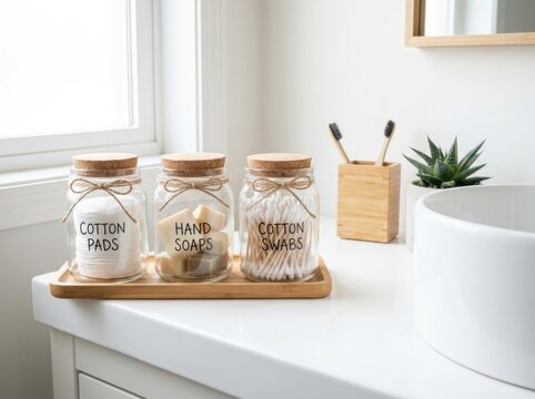 old materials transformed into useful household objects Bathroom countertop with glass jars holding cotton pads, soaps, and swabs