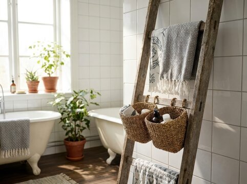 old materials transformed into useful household objects Cozy bathroom with clawfoot tub, ladder shelf, towels, and potted plants.