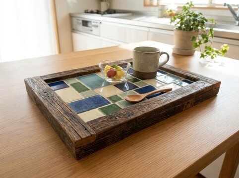 old materials transformed into useful household objects Wooden tray with mug, spoon, and glass bowl on kitchen table with plant