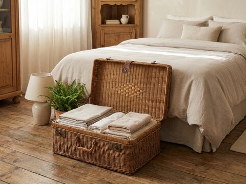 old materials transformed into useful household objects Cozy bedroom with neutral tones, wicker basket, and natural light.
