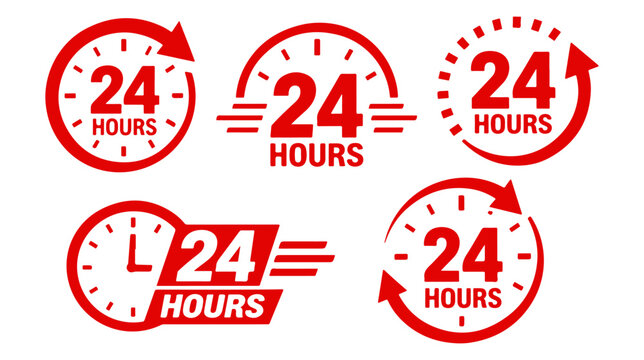 24 Hours Service Icon Set with Clock and Circular Arrows, Round the Clock Support Vector